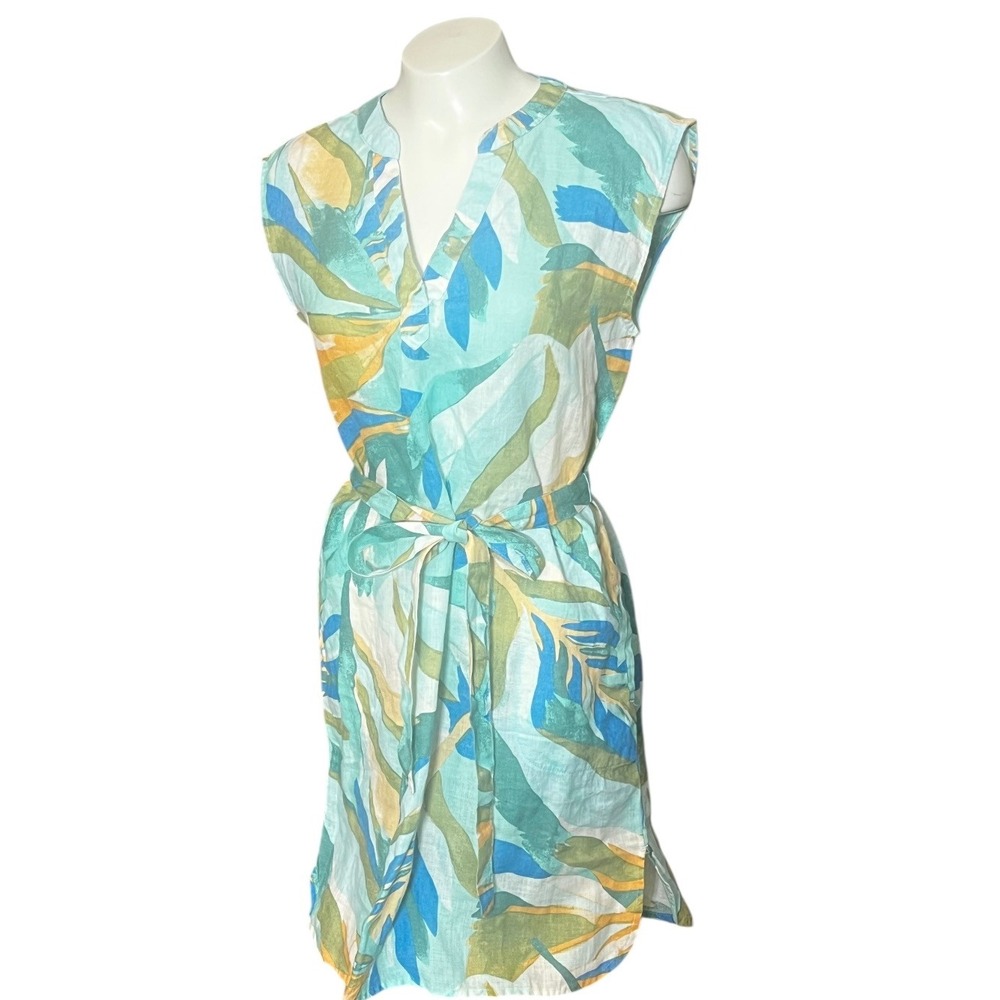 Rachel Zoe Linen Sleeveless V‎ Neck Belted Mini Dress Abstract Leaf Print